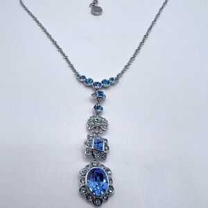 Givenchy Vintage Blue & Green Crystal Y-Drop Necklace Silver Tone